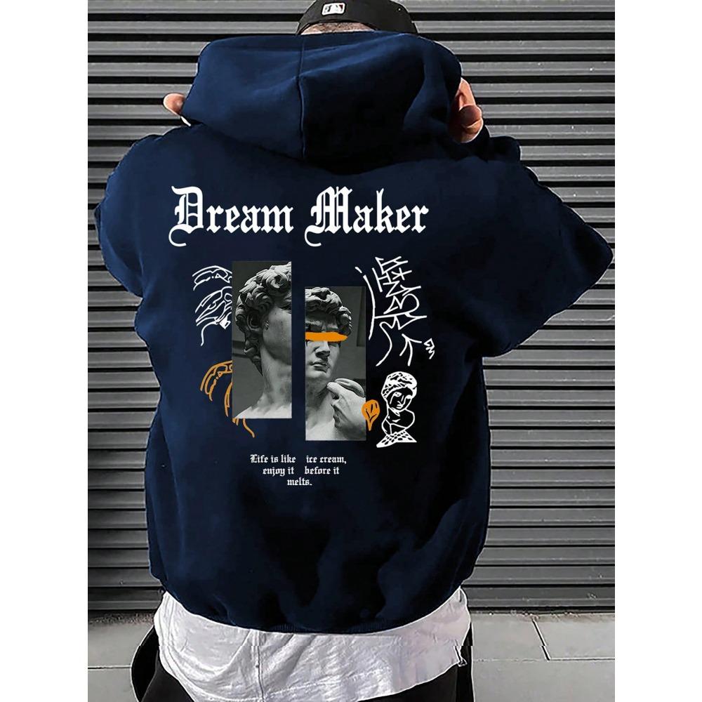 Dream Maker Brave Sculpture Pattern Men Clothing Creative Pocket Hoodies Hip Hop Autumn Streetwear Fleece Casual Male Clothing