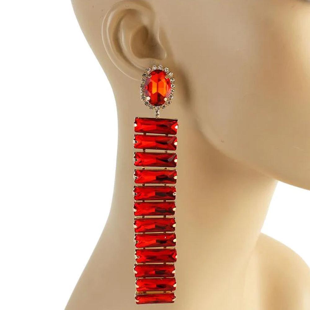 Shiny Colorful Rhinestone Long Drop Earrings Trendy Women Geometric Crystal Earrings Jewelry Accessories Silver Plated красный