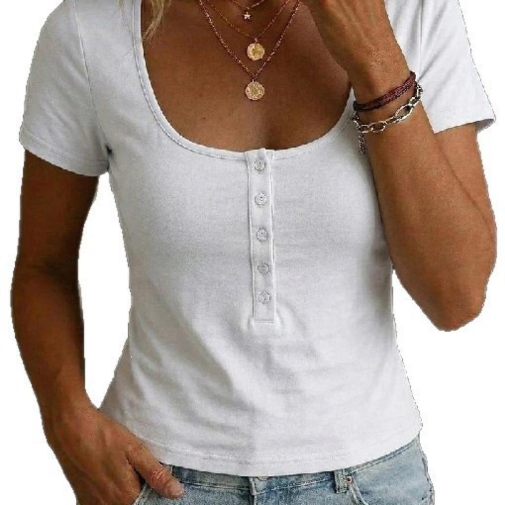 Summer Women's Solid Crop Top, Buttoned Square Neck Slim Fit Casual T-Shirt, Y2K Streetwear
