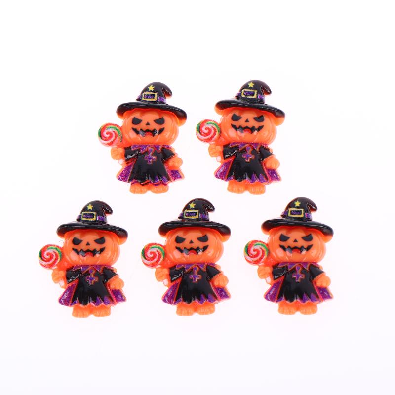 5Pcs Halloween Pumpkin Wizard Jack Resin Charms With Cute Witch Design Perfect For Diy Jewelry Making Halloween Party Decor