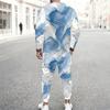 Men S Plus Size Blue Beige White Printed Two Piece Set Round Neck Long Sleeve Top Cuffed Pants