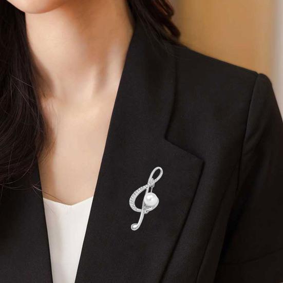Musical Note Shape Brooch Pin, Imitation Pearl Rhinestones Inlaid Lapel Badge for Dress, Coat, Shawl, Gift for Mother, Wedding