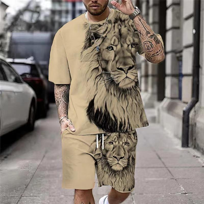 Men Cool Lion Tiger T-shirt Set 3D Animal  Print Casual Style T-shirt Shorts Set Summer New Fashion Street Clothing High-quality
