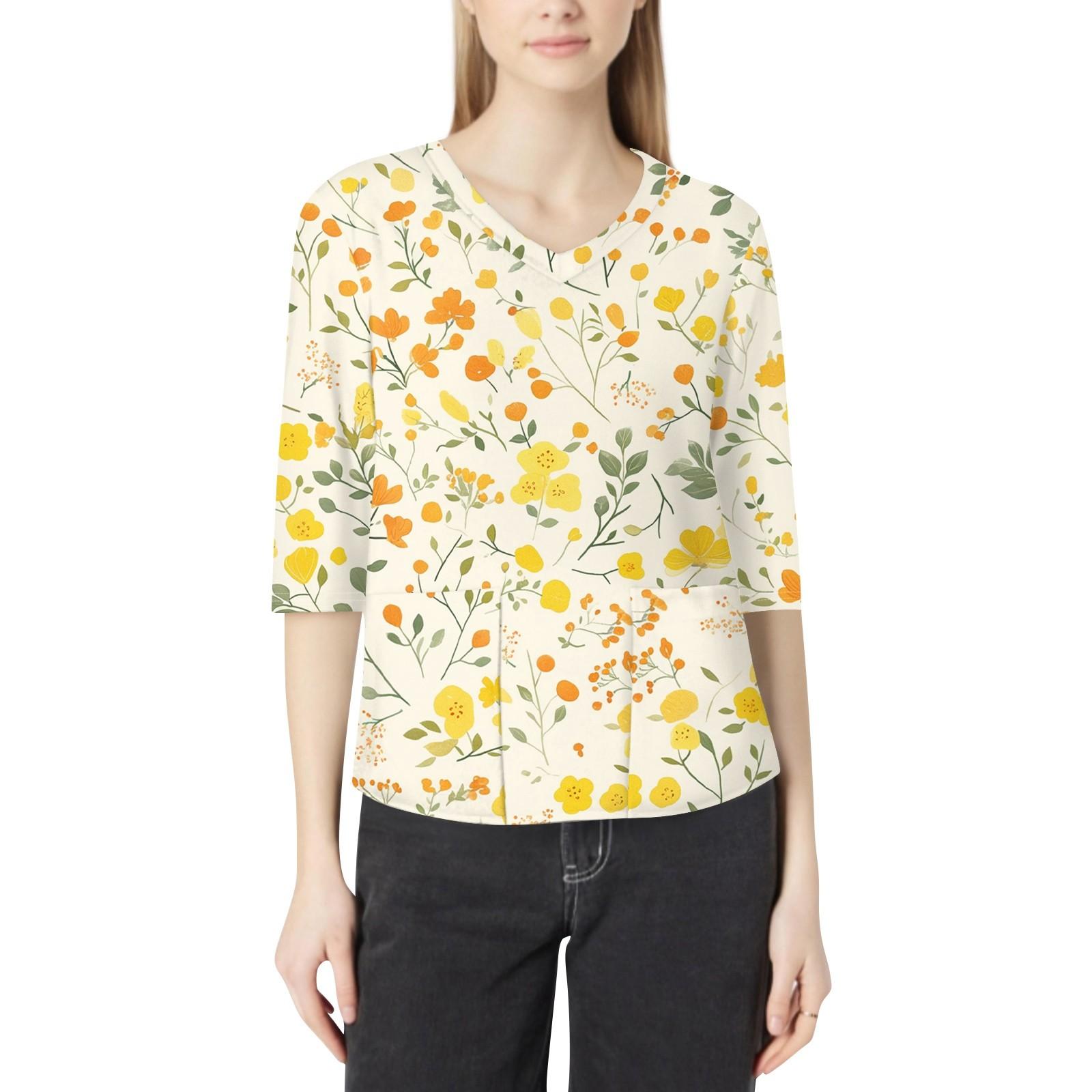 

Модная женская рабочая одежда с v-образным вырезом и рукавами 3/4, свободные топы с карманами и принтом XL жёлтый