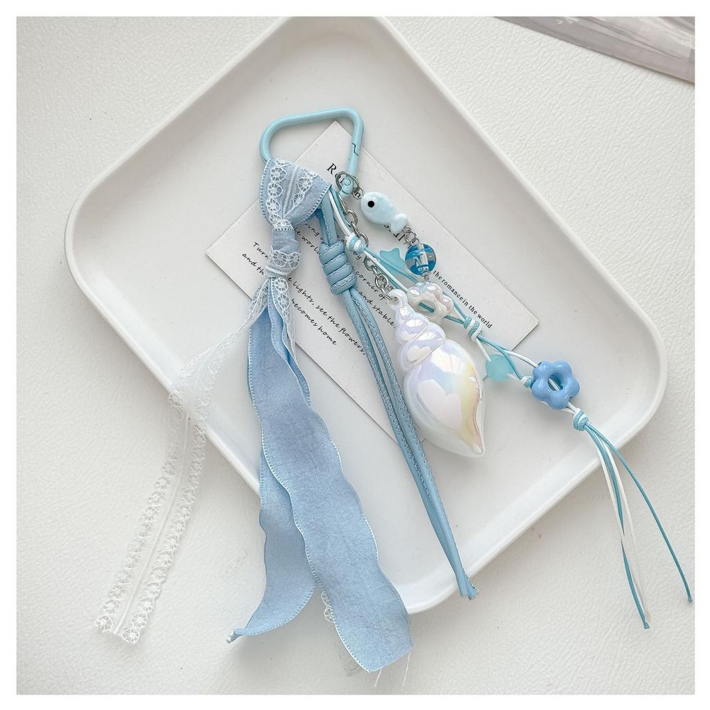 Cute Ocean Conch Light Blue Lace Ribbon Bag Charm Flower Bead Fish Pendant Carabiner Beach Key Accessories Bag Charm