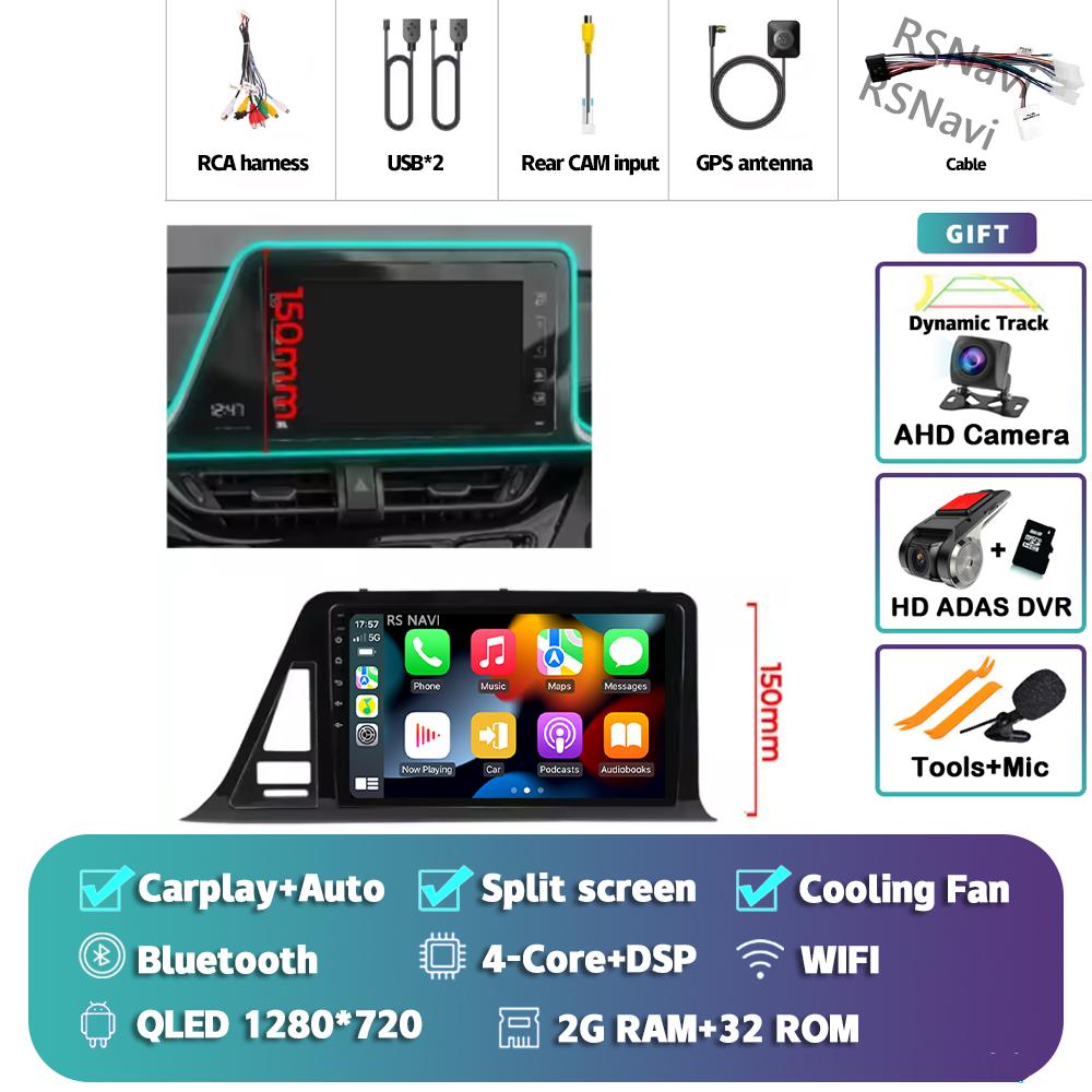 Android 14 Carplay Auto For Toyota C-HR 2016 - 2020 Car Radio Player Multimedia Stereo 360 Camera Navigation Video AI Voice GPS