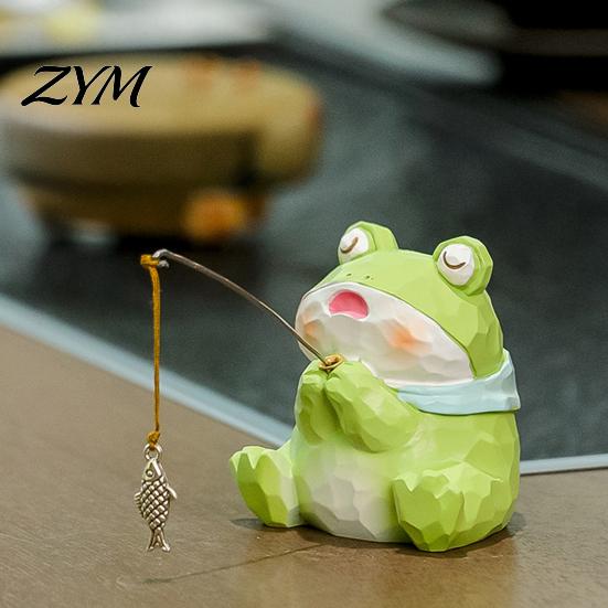 Resin Fishing Cat Frog Panda Figurines Leisure Frog/Cat/Panda/Bear Statue Ornaments, Clear Mini Vases Miniature Unique Animal Themed Home Decor