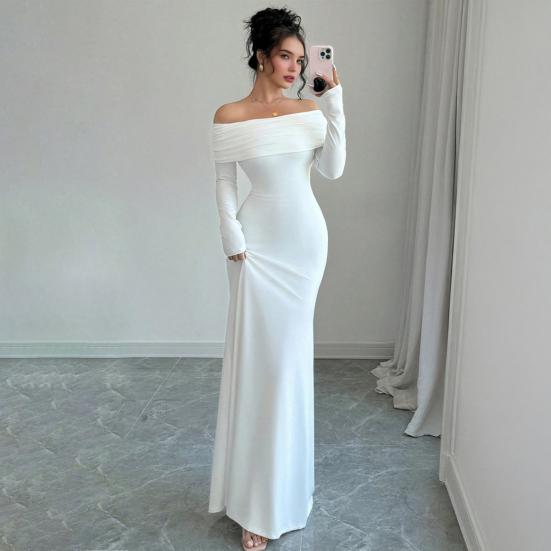 Women Off Shoulder Bodycon Maxi Dress Formal Long Sleeve Evening Gown Ruched Club Party