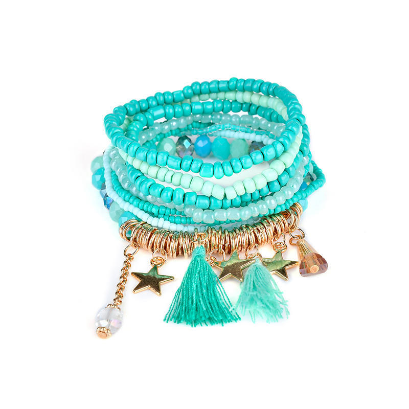 Bohemian Multilayer Beaded Bracelet Elastic Tassel Star Pendant Bracelet Bangle Women Jewelry