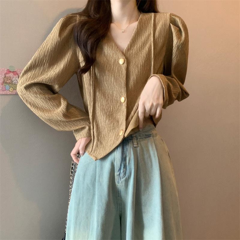 Design V Neck Knit Cardigan Women Autumn Winter Youthful Slim Color Block Puff Long Sleeve Crop Top