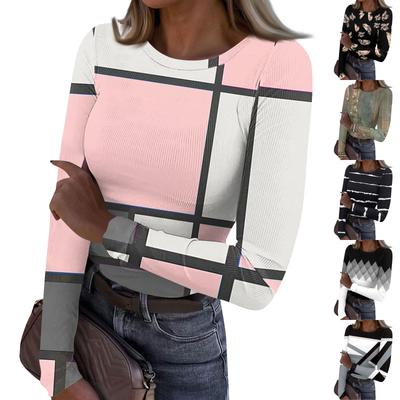 Damen T-Shirt mit Rundhalsausschnitt und schmaler Unterseite, für den Winter, modisch, lässig, bedruckt, langärmelig