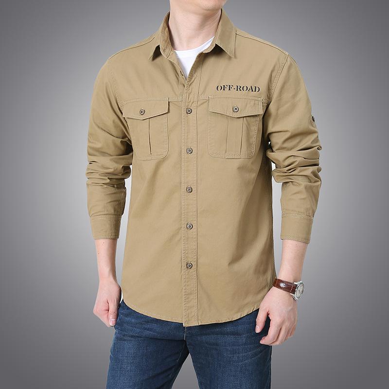 Lente en Herfst Lange Mouw Shirts Katoen Multi-zak Militair Uniform Plus Size Heren Casual Shirt Dunne Sectie