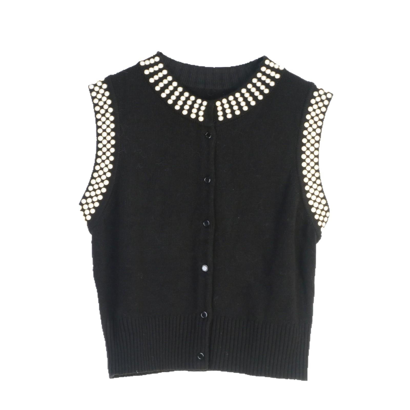 

Женский вязаный жилет без рукавов с бисером - Простой французский кардиган с круглым вырезом Large