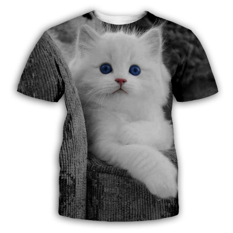 3D Digital Cat Art Printed Round Neck Short Sleeved Casual T-shirt for Teenagers with Stripes Shirt