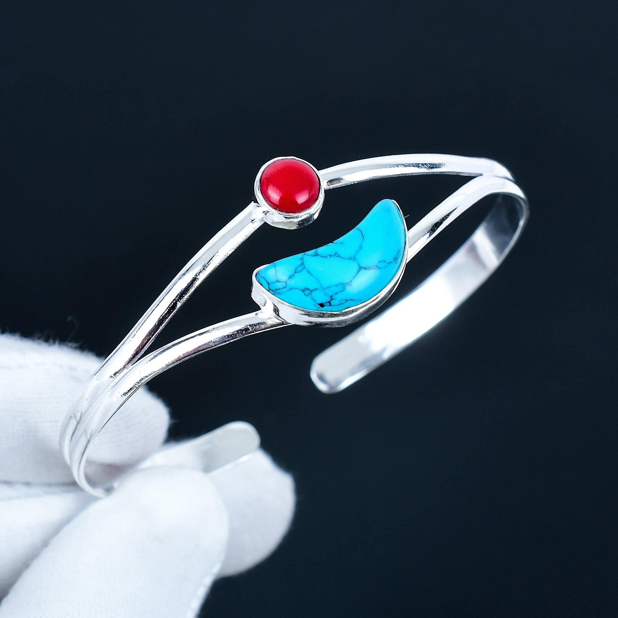 

Бирюзовый драгоценный камень Ручная работа Манжета-браслет 925 Стерлинговое серебро Манжета-браслет, Браслет с красным кораллом для жены, Унисекс браслет, Подарок на Рождество 7 синий