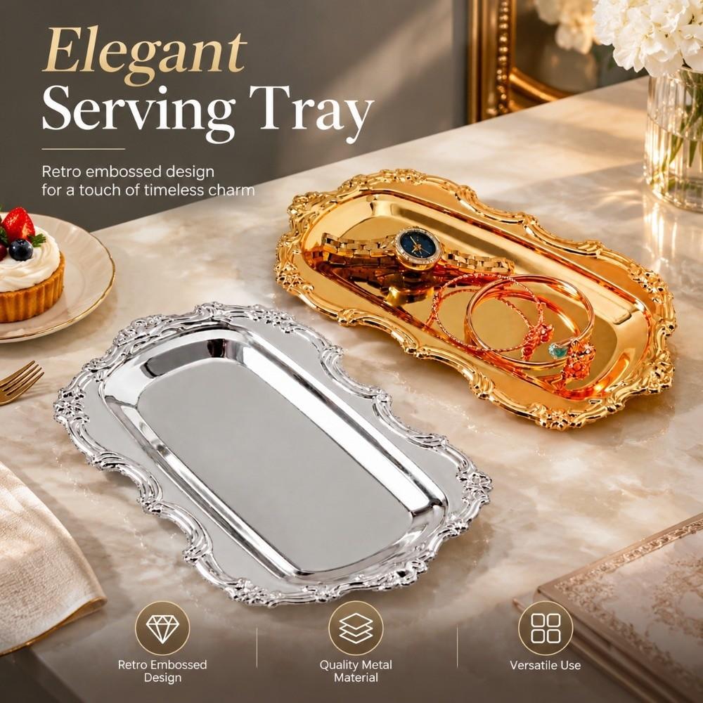 Gold Silver Metal Serving Plate Embossed Design Dessert Cake Dish Round Food Tray Jewelry Storage