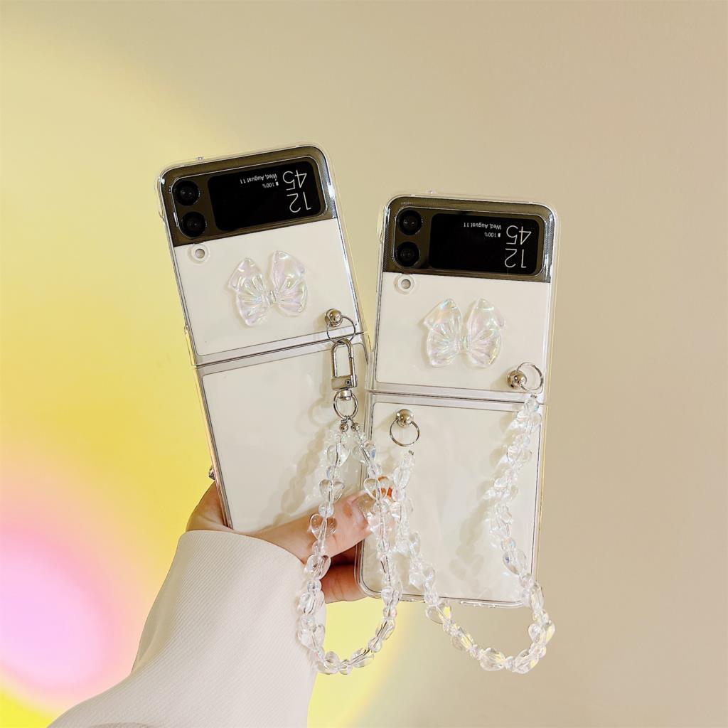 Luxury Korean Lesar Bow Love Heart Bracelet Chain Case For Samsung Galaxy Z Flip 4 Z Flip3 Zflip 5g Shockproof Back Cover Funda