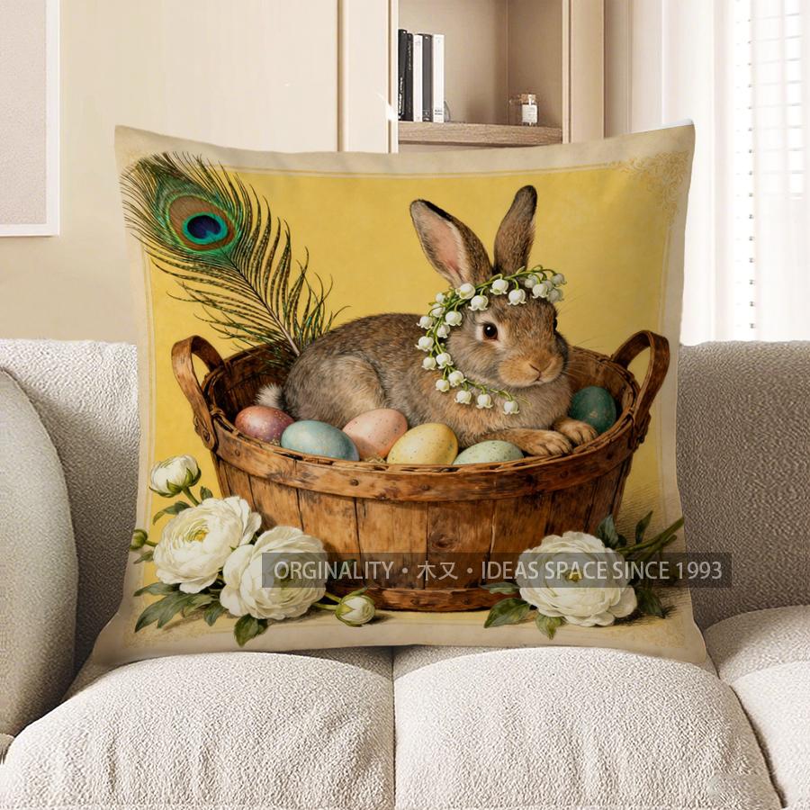 

2D Easter Bunny With Peacock Feather Decor Pillow Pattern Cushion Cover Suitable For Sofa Bedroom Car Pillow Cover 40x40cm