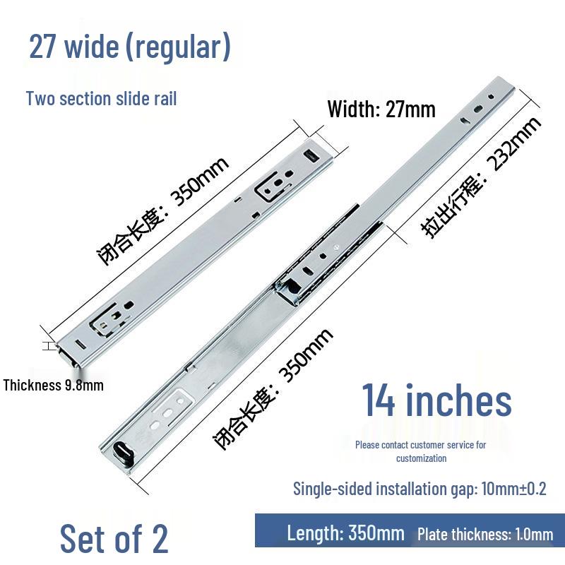 27mm Silent Steel Ball Drawer Slides, Two-Section Guide Rail for Desks and Cabinets.