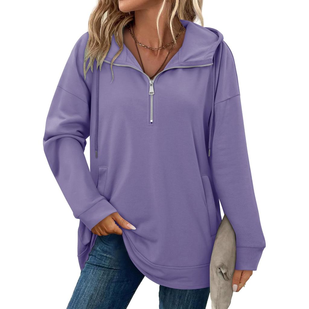 Women's Fashionable Solid Color Hooded Long Sleeved Pocket Pullover Sweatshirt Top