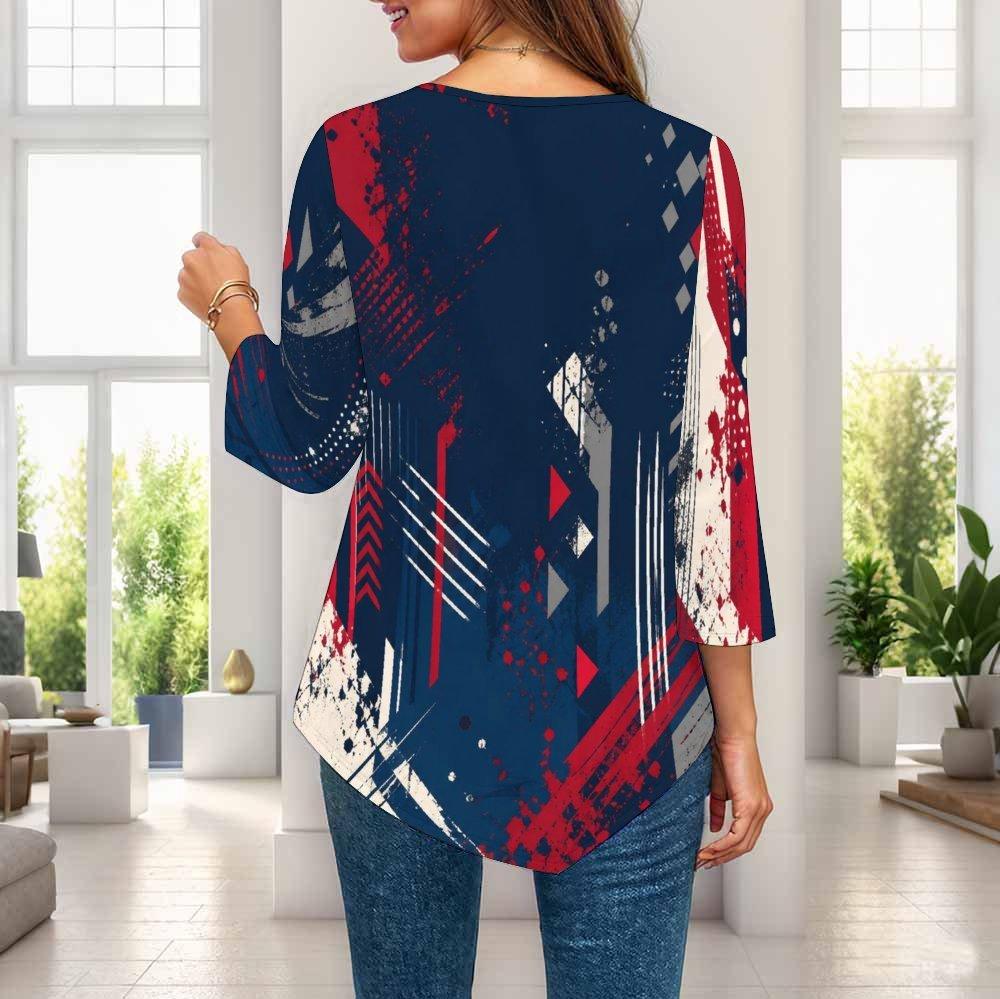 Womens Plus Size Loose Three Quarter Sleeve Blouse Pointed Hem Stylish Casual Top For Ladies Daily Outfit