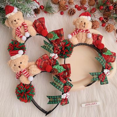 Diadema Navideña de Dibujos Animados Linda Oso Esponjoso Adorno para la Cabeza Infantil Suave Año Nuevo Lazo Accesorios para el Cabello Regalos de Navidad