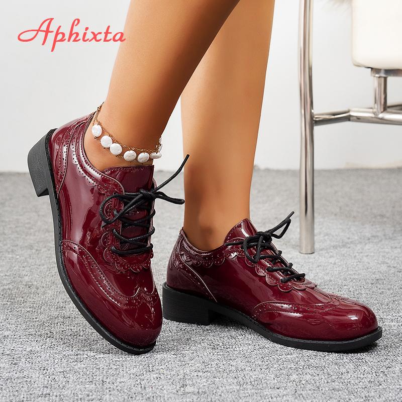 Fashion Aphixta New 3.5cm Pointed Toe Patent Leather Shoes Women Loafers Wine Red Square Heels Shoes For Woman Student Footwear