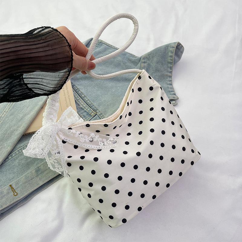Polka Dot Nylon Shoulder Bag Cute Lace Bow Decor Casual Hobo Bag Lightweight Daily Purse Handbag Vertical Square Underarm Bag