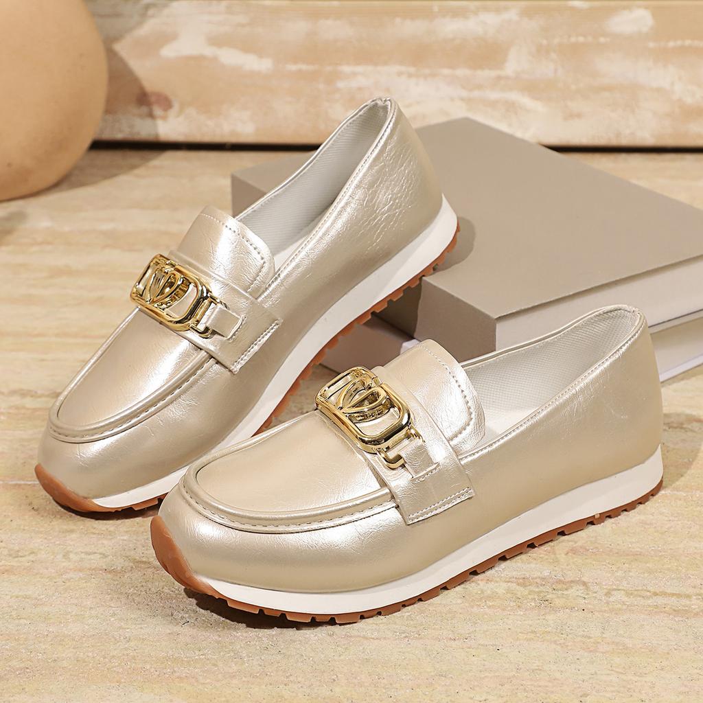 Brand Metal Buckle Pu Leather Loafers Shoes Women Summer 2026 Soft Sole Slip On Casual Shoes Flat Heel Driving Shoes for Women
