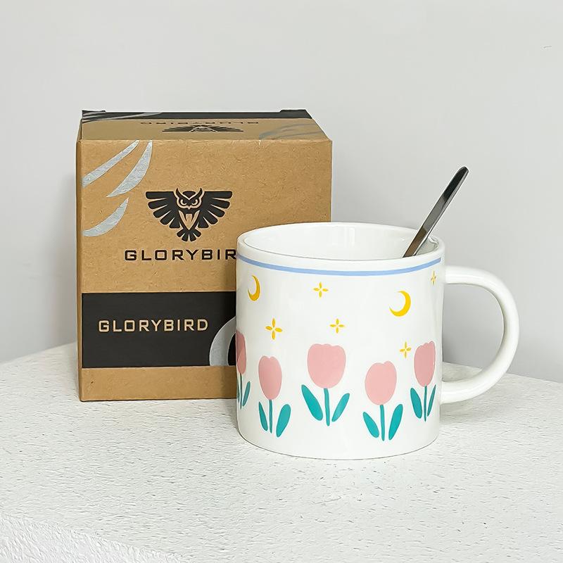 

Керамическая чашка Тюльпан высокой ценности Милая чашка для воды для пары с крышкой и ложкой Кружка Сувенир Подарочная чашка 350ML