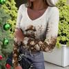 Women's Winter Slim-Fit Base Layer T-Shirt Fashionable Christmas Print V-Neck Pullover Long-Sleeved Top