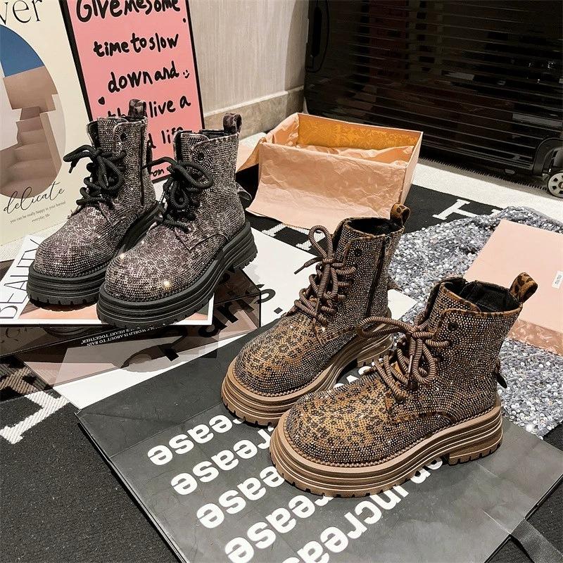 Rhinestone Martin boots for women's new leopard print full diamond luxury lace-up short boots round head thick sole muffin locomotive boots for women