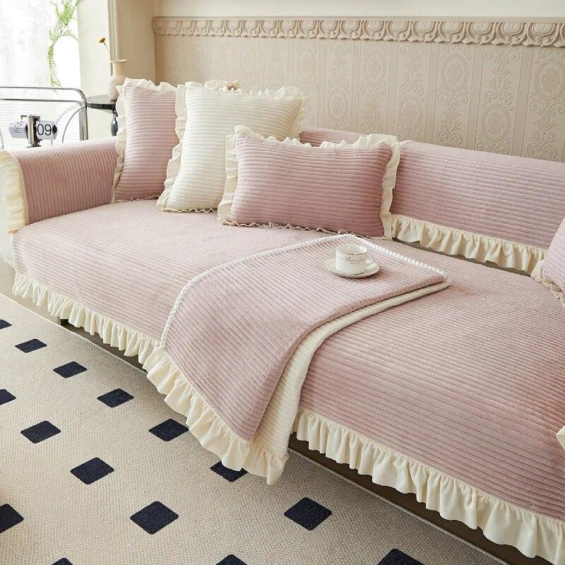 Autumn and Winter Solid Color Ultra Soft Plush Lotus Leaf Skirt Sofa Cushion Korean Style Small Fresh Anti Slip