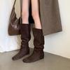 Knight Boots Women'S Autumn And Winter Western Boots Tall Tube Thin Retro Slim Inner Height Increase Pleated Pile Boots