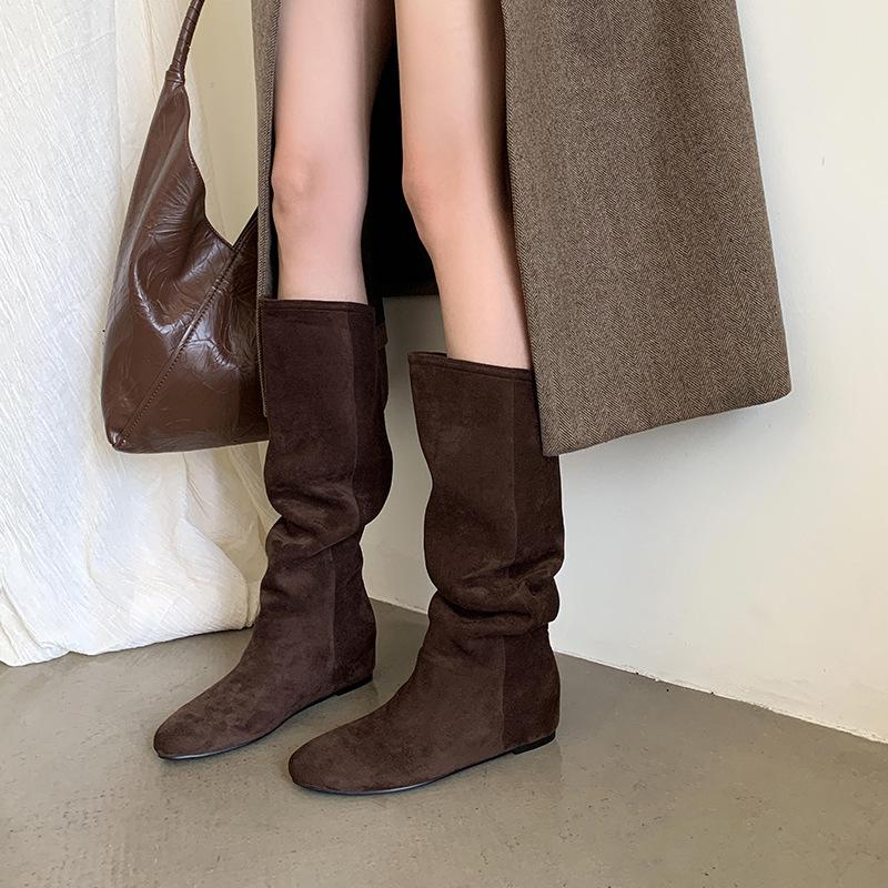 Knight Boots Women'S Autumn And Winter Western Boots Tall Tube Thin Retro Slim Inner Height Increase Pleated Pile Boots