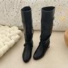 Sleeve Inside Heightened No Knee Boots Fashion Round Toe Soft Leather Soft Sole Belt Buckle Low Heel Knight Boots