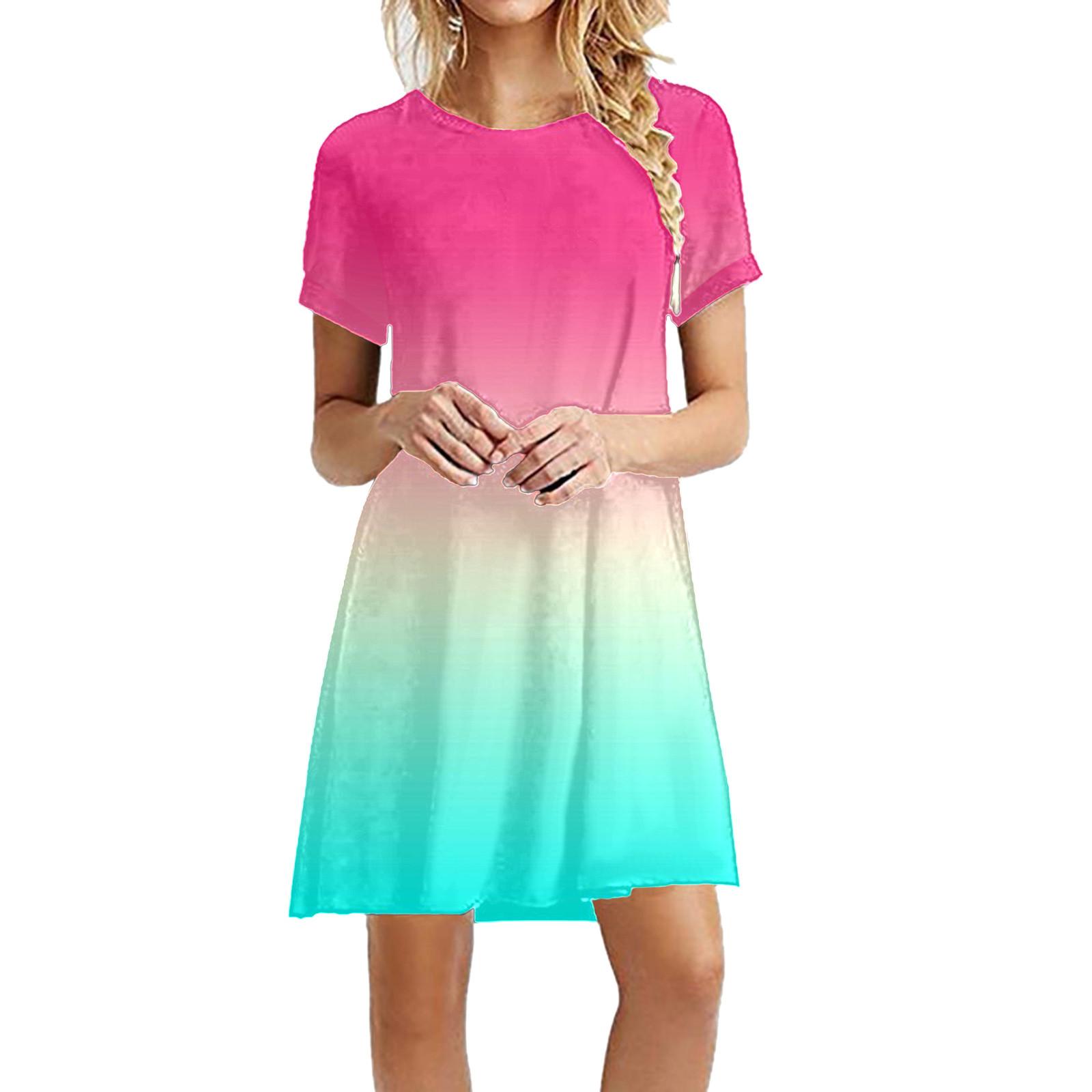 

Women Casual Dresses Summer Color Gradient Pocketless Comfortable Fashionable Plus Size Short Sleeve Round Neck Dresses 8XL гарячі рожевого кольору