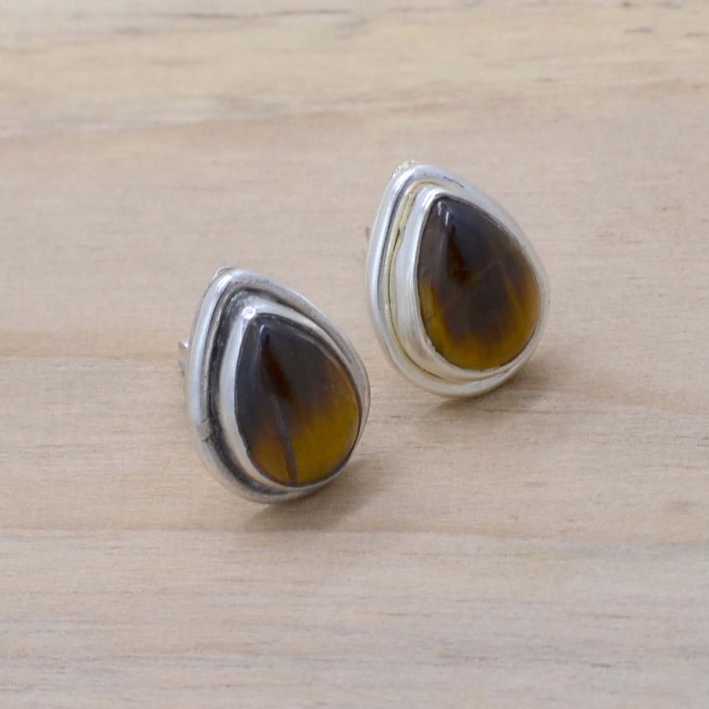 Tiger Eye Tear Drop Silver Stud Earrings For Woman, Natural Crystal Gemstone & Sterling Silver Handmade Aesthetic Jewelry, Bridesmaids Gift