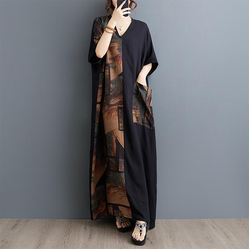 Sommer Locker Damen Baumwolle und Leinen Bedrucktes V-Ausschnitt Kleid