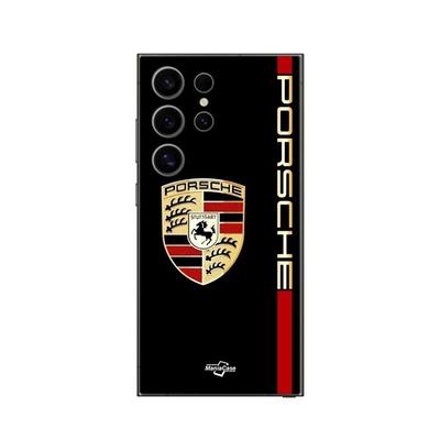 Hülle für Samsung Galaxy S24 Ultra PORSCHE Logo rot und golden schwarzer Hintergrund