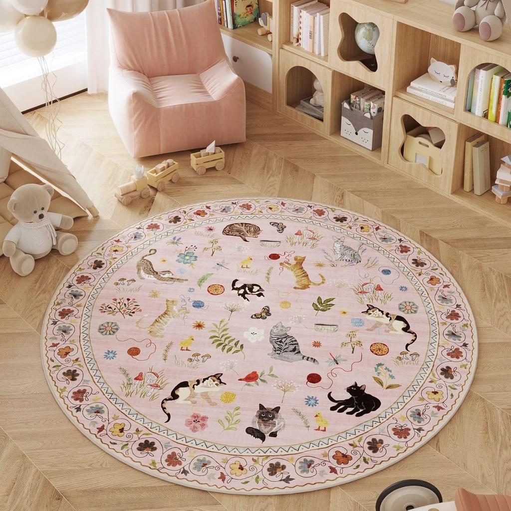 Runder Rosa Niedlicher Katzen Teppich Matte - Kinderzimmer Schlafzimmer Spielzimmer Teppich Dekoration, Blume Schmetterling Heimdekoration Teppich