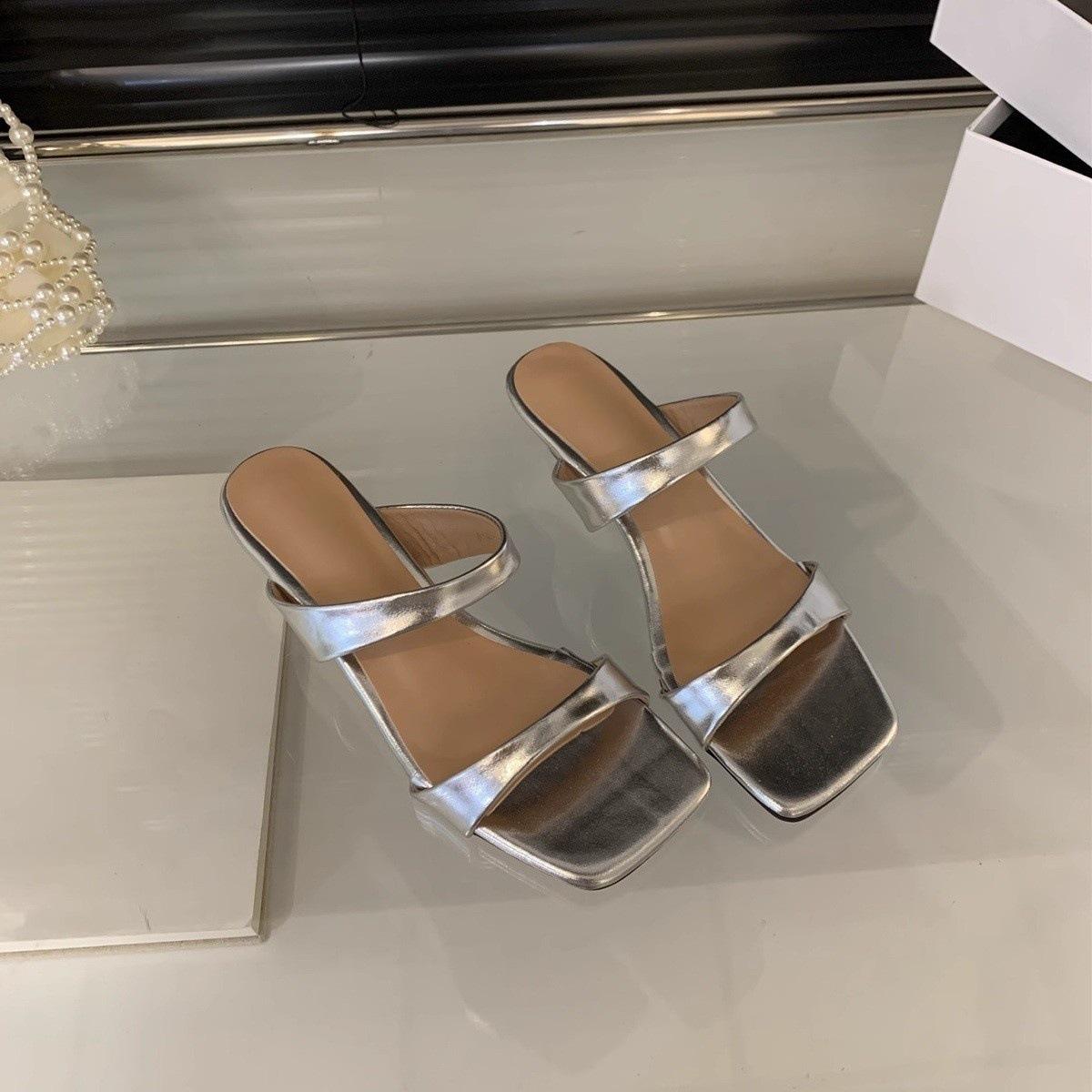 

Temperament satin square head open-toed sandals summer new one-word with wedge heels cool slippers women s wear 40 срібний