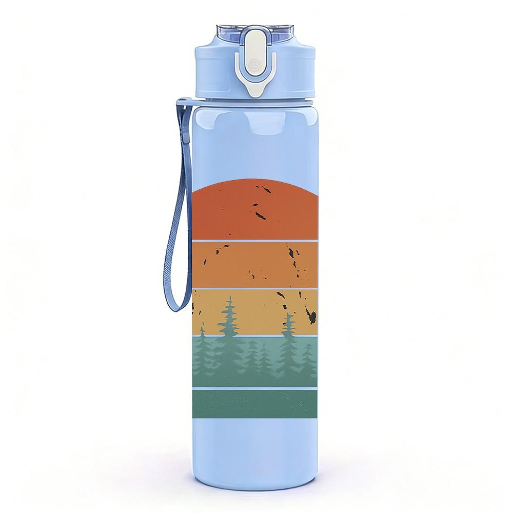 1PC Retro Circle Mountain Sunset Art 750ml Color Plastic Sports Water Bottle Leakproof Flip Straw Lid Suitable for Sports Office Home Use