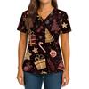 Women's Christmas Print V-Neck Double Pocket Short Sleeves Hem Slit  Uniform And Caregiver Top