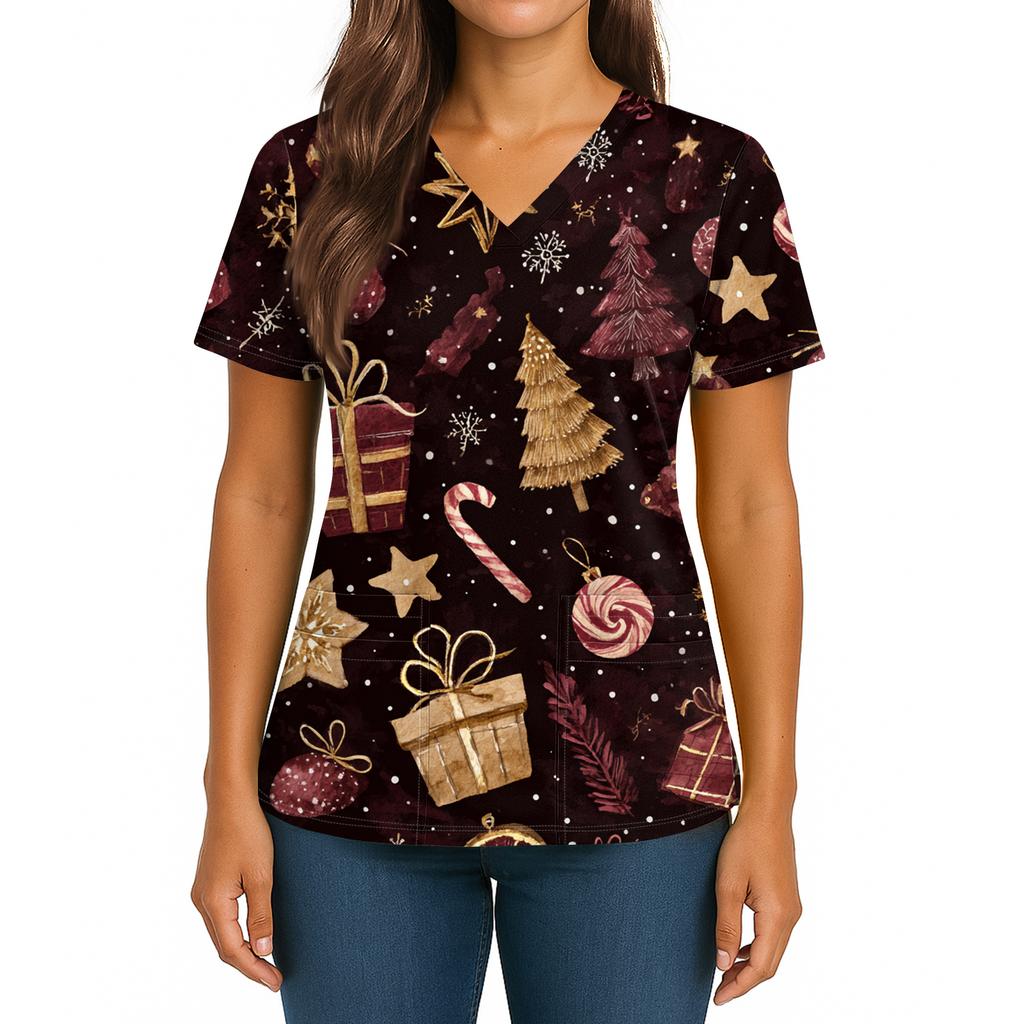 Women's Christmas Print V-Neck Double Pocket Short Sleeves Hem Slit  Uniform And Caregiver Top