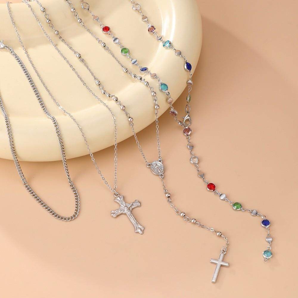 Rhinestone Cross Necklace Set Fashion Stacked Collarbone Chain Metal Stacked Necklace  Accessories