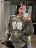 Vintage Camouflage Long Sleeve Women's Fall Letter Printed Loose Girl T-Shirt American Crew Neck Trendy Top