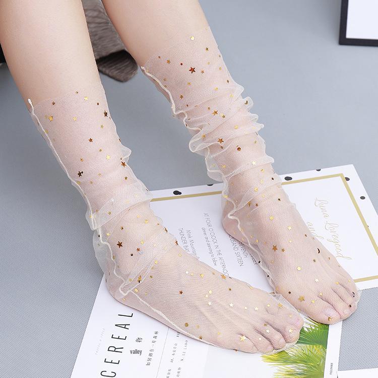 Women s Ultra-Thin Korean Style Shiny Star Mesh Ruffle Socks One Size