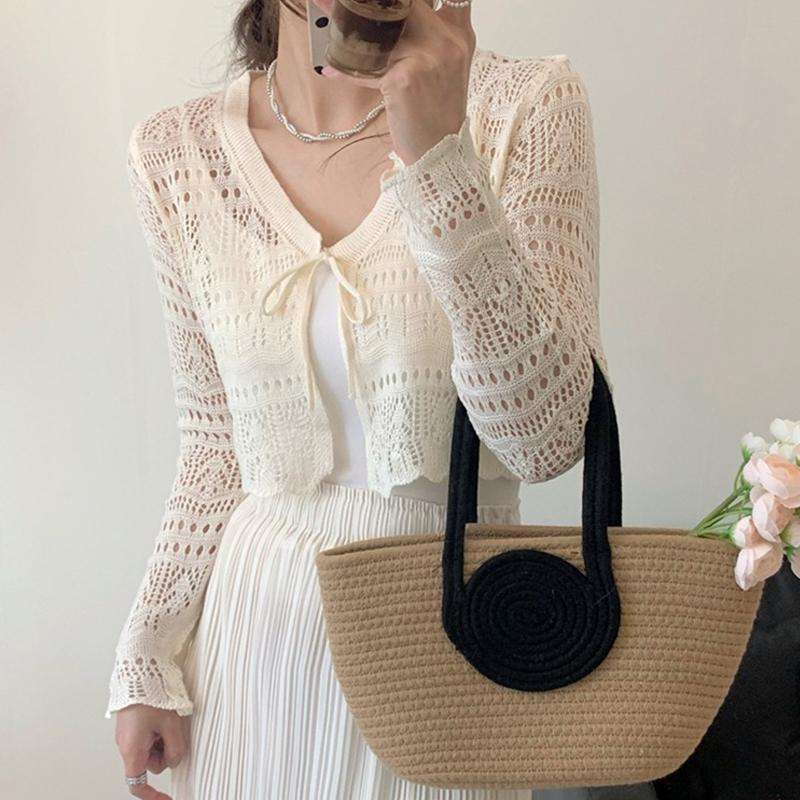 Fashion Sunscreen Knitted Cardigan Women's Hollow Blouse Vest Elegant Summer Thin V-neck Drawstring Air-conditioned Lace Shirt Shawl Short Tops