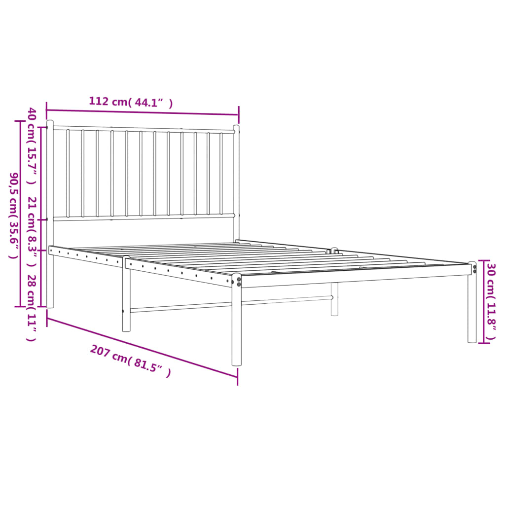Metal Bed Frame with Headboard Black 107 x 203 cm